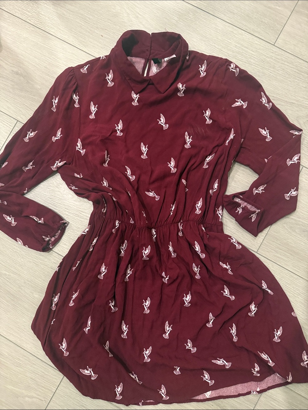 Divided Burgundy Long-Sleeve Dress with White Bird Print